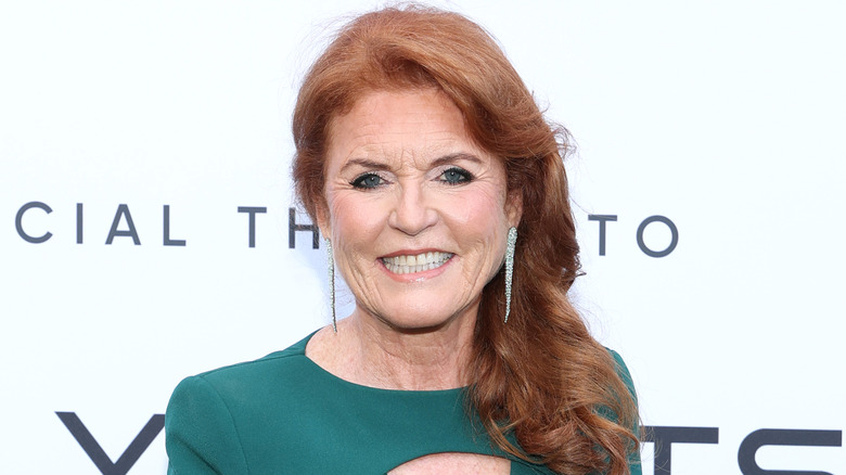 Closeup of Sarah Ferguson smiling at Andrea Bocelli 