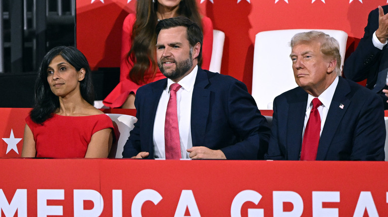Usha Vance sitting alongside JD Vance and Donald Trump at the 2024 RNC